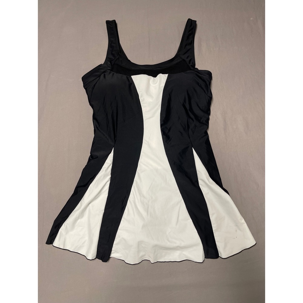 Women Black White Colorblock Swim Dress Built-in Shorts XXL Mesh Neckline